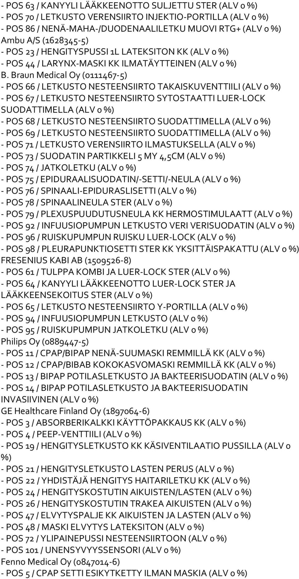 Braun Medical Oy (0111467-5) - POS 66 / LETKUSTO NESTEENSIIRTO TAKAISKUVENTTIILI (ALV 0 %) - POS 67 / LETKUSTO NESTEENSIIRTO SYTOSTAATTI LUER-LOCK SUODATTIMELLA (ALV 0 %) - POS 68 / LETKUSTO