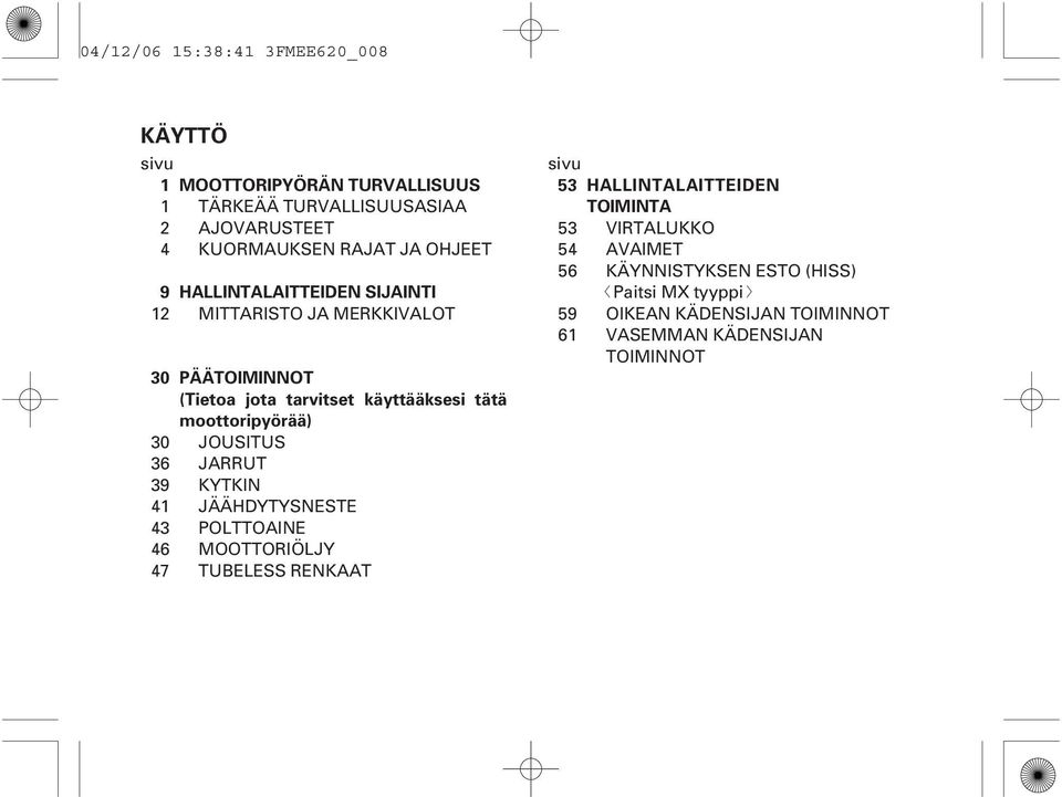 käyttääksesi tätä moottoripyörää) JOUSITUS JARRUT KYTKIN JÄÄHDYTYSNESTE POLTTOAINE MOOTTORIÖLJY TUBELESS RENKAAT sivu 53