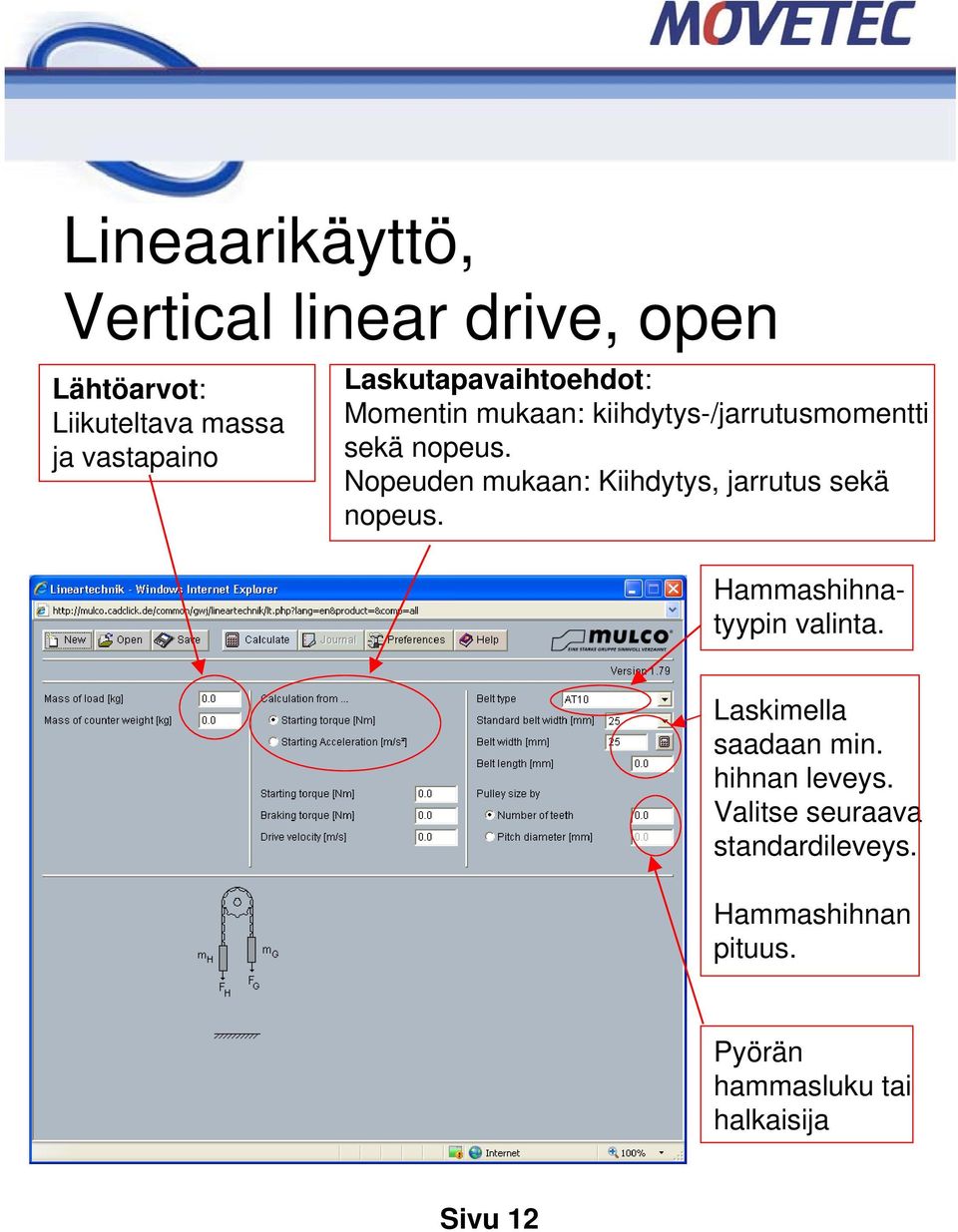 Nopeuden mukaan: Kiihdytys, jarrutus sekä nopeus. Hammashihnatyypin valinta.