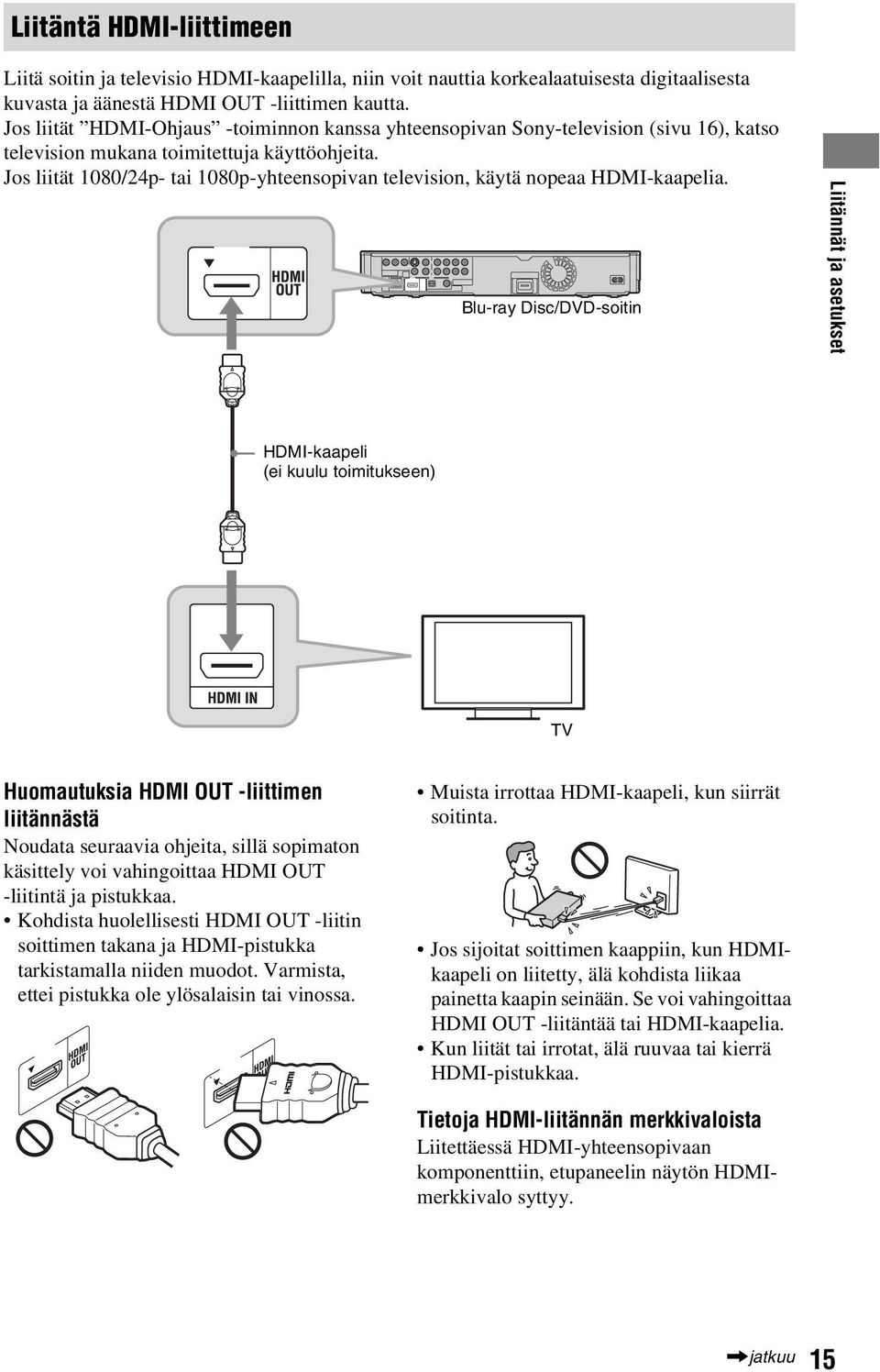 Jos liität 1080/24p- tai 1080p-yhteensopivan television, käytä nopeaa HDMI-kaapelia.