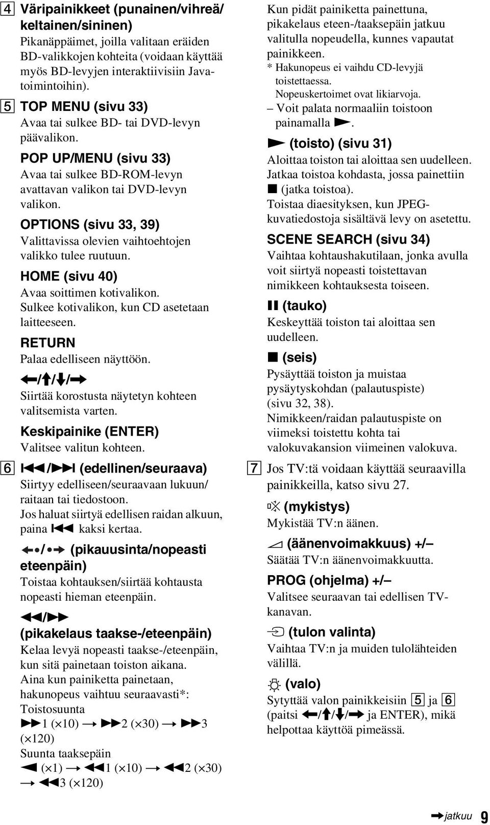 OPTIONS (sivu 33, 39) Valittavissa olevien vaihtoehtojen valikko tulee ruutuun. HOME (sivu 40) Avaa soittimen kotivalikon. Sulkee kotivalikon, kun CD asetetaan laitteeseen.