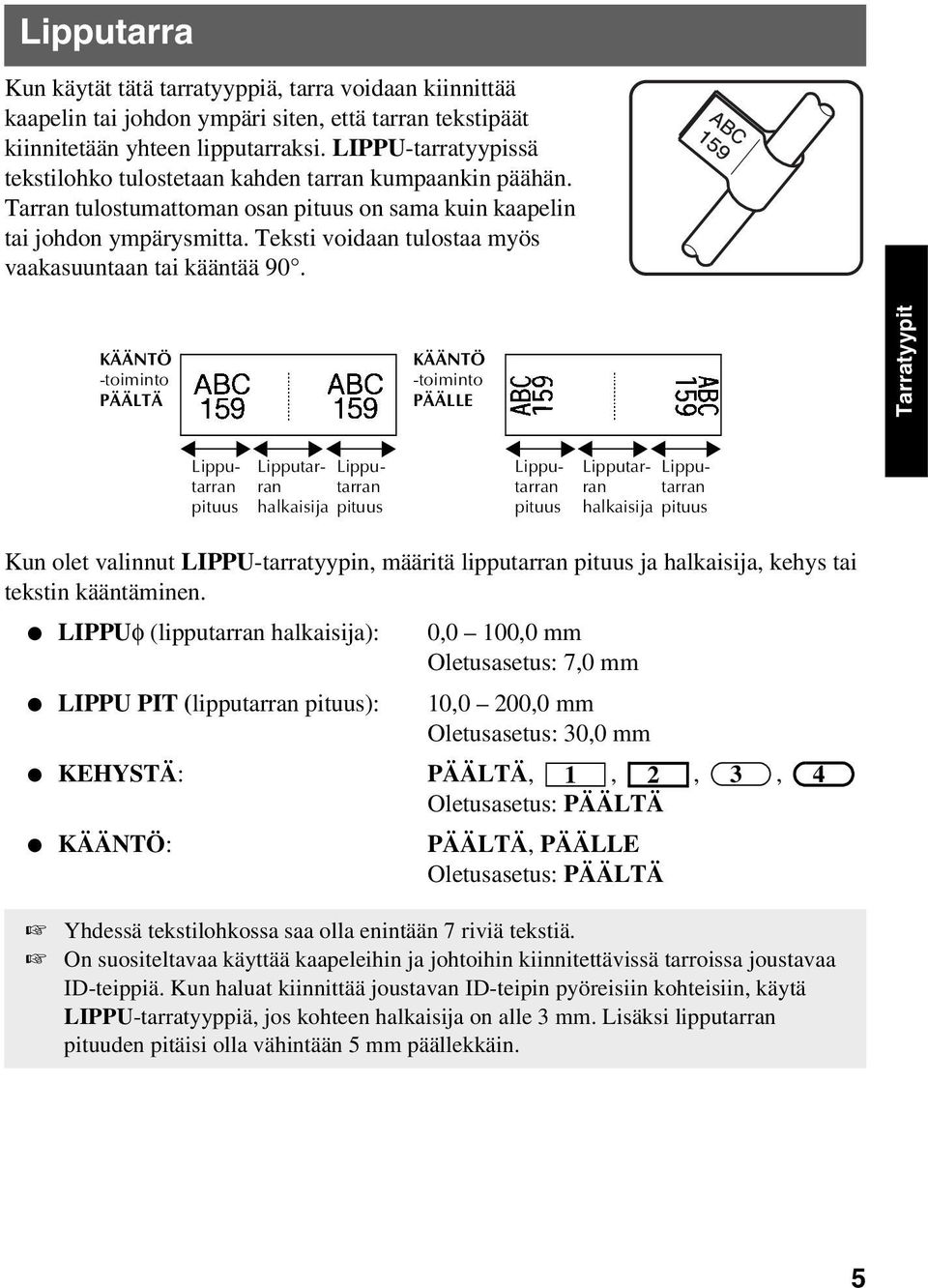 Teksti voidaan tulostaa myös vaakasuuntaan tai kääntää 90.