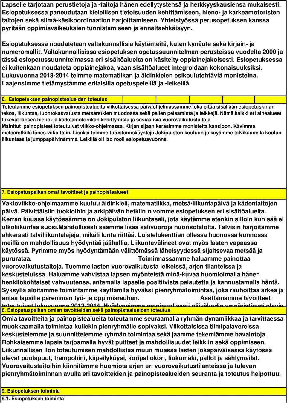 Yhteistyössä perusopetuksen kanssa pyritään oppimisvaikeuksien tunnistamiseen ja ennaltaehkäisyyn. Esiopetuksessa noudatetaan valtakunnallisia käytänteitä, kuten kynäote sekä kirjain- ja numeromallit.