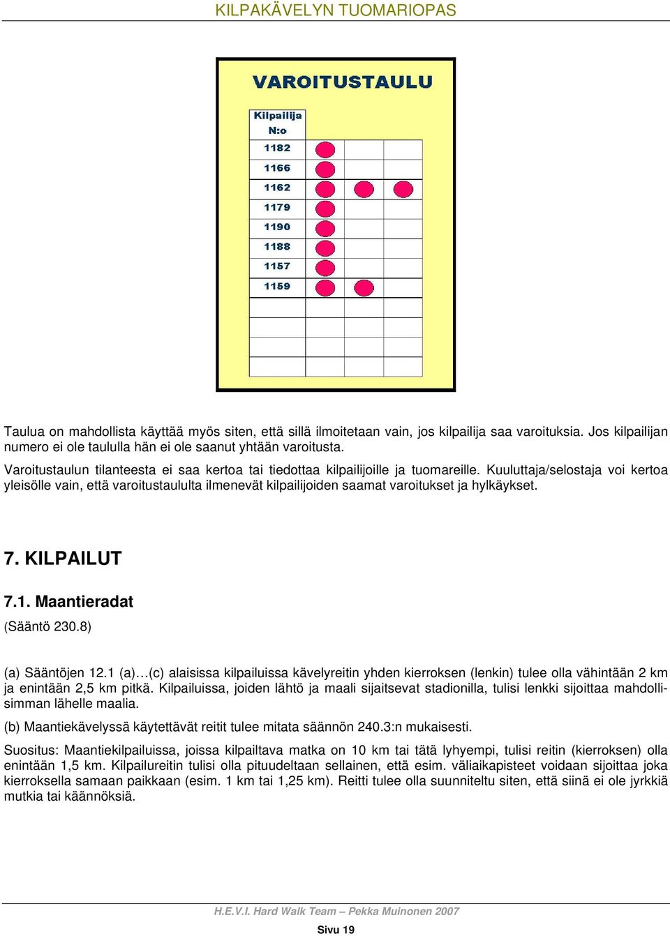 Kuuluttaja/selostaja voi kertoa yleisölle vain, että varoitustaululta ilmenevät kilpailijoiden saamat varoitukset ja hylkäykset. 7. KILPAILUT 7.1. Maantieradat (Sääntö 230.8) (a) Sääntöjen 12.