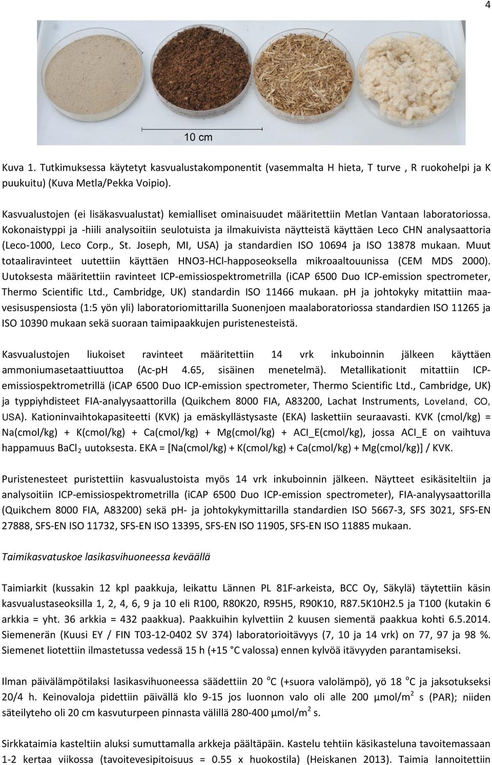 Kokonaistyppi ja -hiili analysoitiin seulotuista ja ilmakuivista näytteistä käyttäen Leco CHN analysaattoria (Leco-1, Leco Corp., St. Joseph, MI, USA) ja standardien ISO 1694 ja ISO 13878 mukaan.