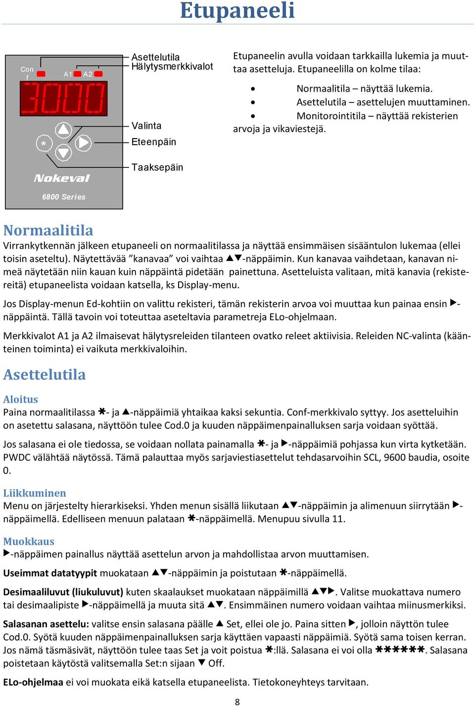 Normaalitila Virrankytkennän jälkeen etupaneeli on normaalitilassa ja näyttää ensimmäisen sisääntulon lukemaa (ellei toisin aseteltu). Näytettävää kanavaa voi vaihtaa ^v-näppäimin.