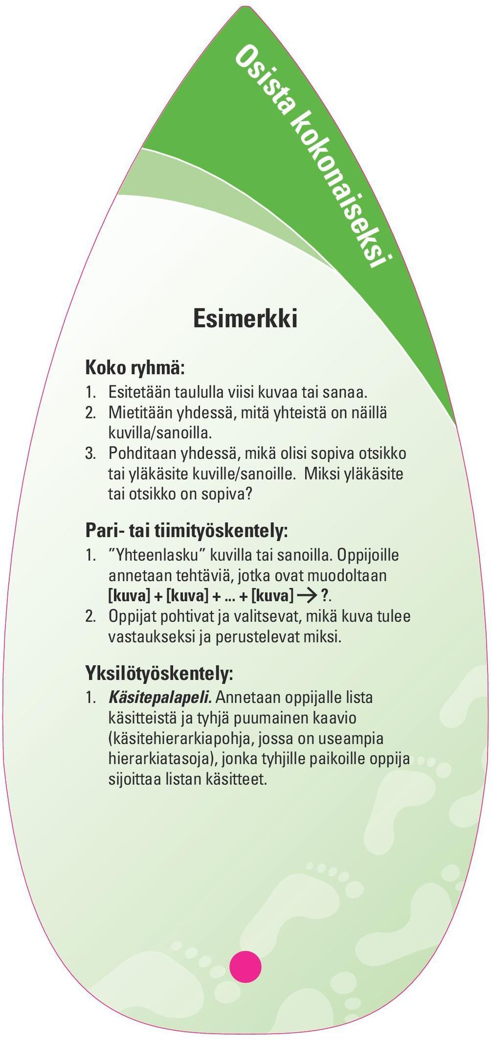 Oppijoille annetaan tehtäviä, jotka ovat muodoltaan [kuva] + [kuva] +... + [kuva]?. 2. Oppijat pohtivat ja valitsevat, mikä kuva tulee vastaukseksi ja perustelevat miksi.