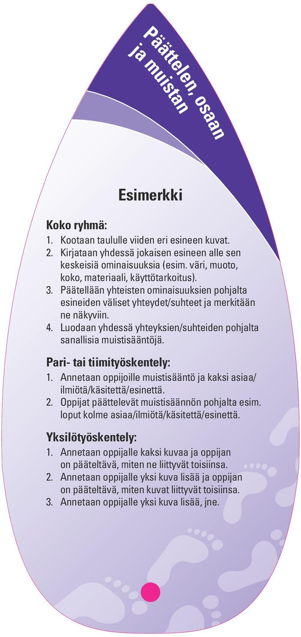 Luodaan yhdessä yhteyksien/suhteiden pohjalta sanallisia muistisääntöjä. Pari- tai tiimityöskentely: 1. Annetaan oppijoille muistisääntö ja kaksi asiaa/ ilmiötä/käsitettä/esinettä. 2.