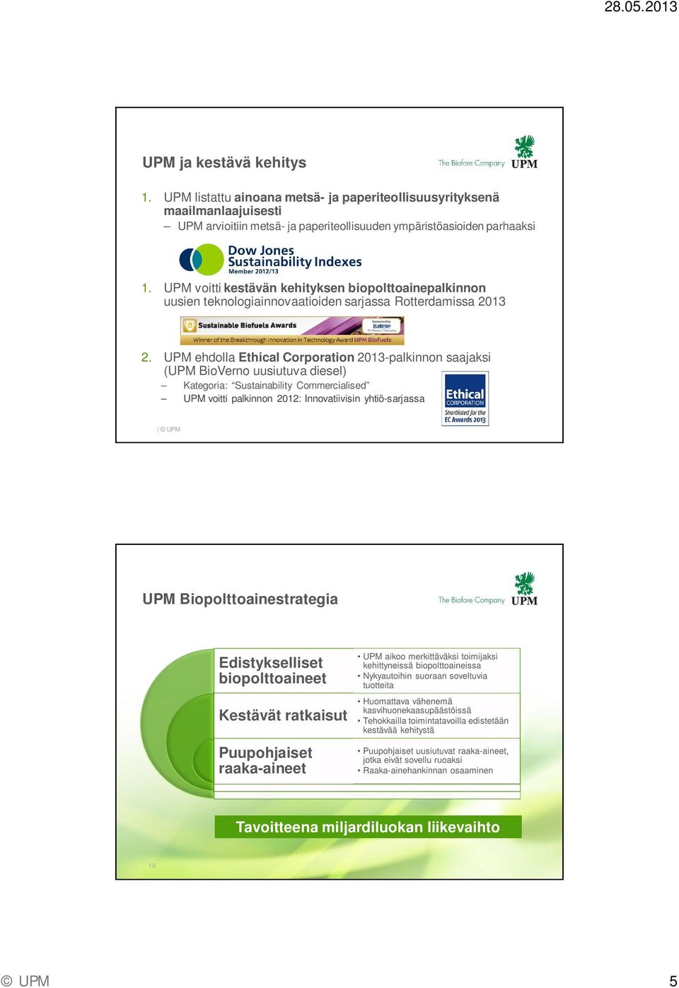 UPM ehdolla Ethical Corporation 2013-palkinnon saajaksi (UPM BioVerno uusiutuva diesel) Kategoria: Sustainability Commercialised UPM voitti palkinnon 2012: Innovatiivisin yhtiö-sarjassa UPM