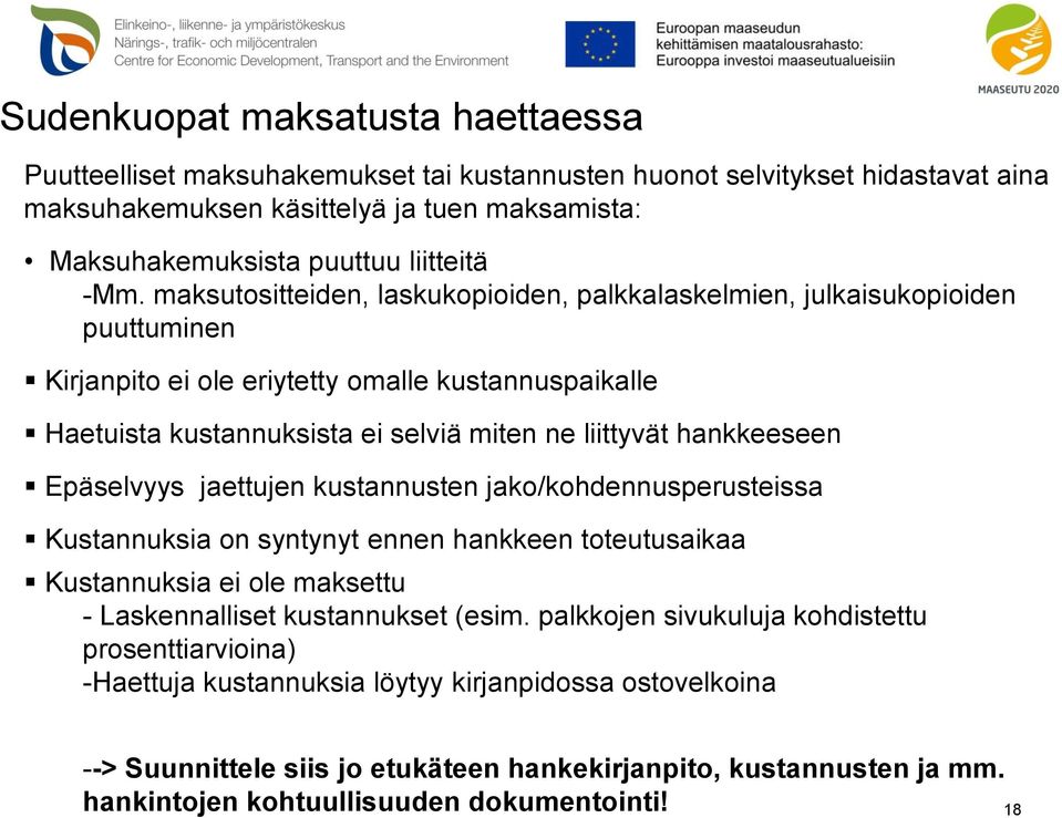 hankkeeseen Epäselvyys jaettujen kustannusten jako/kohdennusperusteissa Kustannuksia on syntynyt ennen hankkeen toteutusaikaa Kustannuksia ei ole maksettu - Laskennalliset kustannukset (esim.