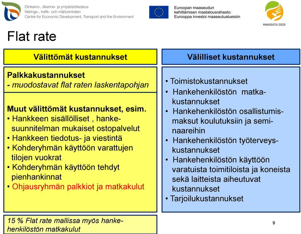 pienhankinnat Ohjausryhmän palkkiot ja matkakulut Välilliset kustannukset Toimistokustannukset Hankehenkilöstön matkakustannukset Hankehenkilöstön osallistumismaksut koulutuksiin