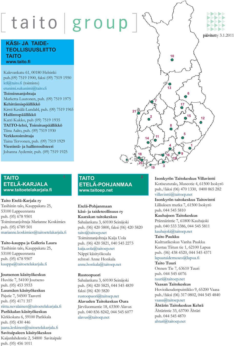 (09) 7519 1965 Hallintopäällikkö Katri Kukko, puh (09) 7519 1935 -lehti, Toimituspäällikkö Tiina Aalto, puh. (09) 7519 1930 Verkkotoimittaja Taina Tervonen, puh.