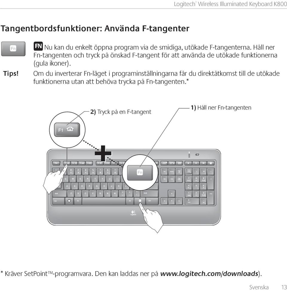 Om du inverterar Fn-läget i programinställningarna får du direktåtkomst till de utökade funktionerna utan att behöva trycka på