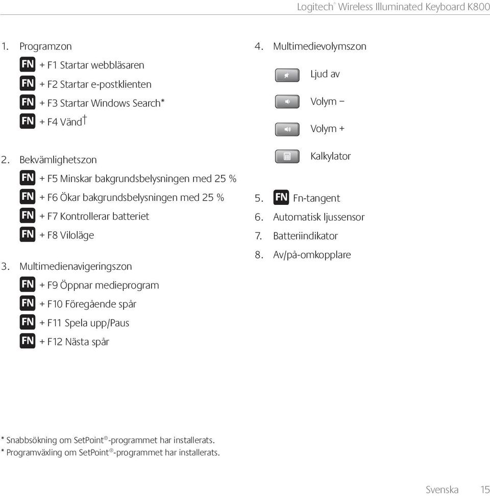 Multimedienavigeringszon + F9 Öppnar medieprogram + F10 Föregående spår + F11 Spela upp/paus + F12 Nästa spår Kalkylator 5. Fn-tangent 6. 7. 8.