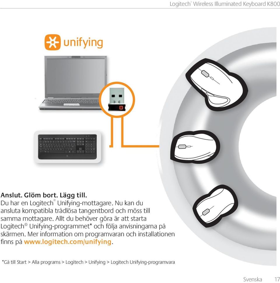Allt du behöver göra är att starta Logitech Unifying-programmet* och följa anvisningarna på skärmen.