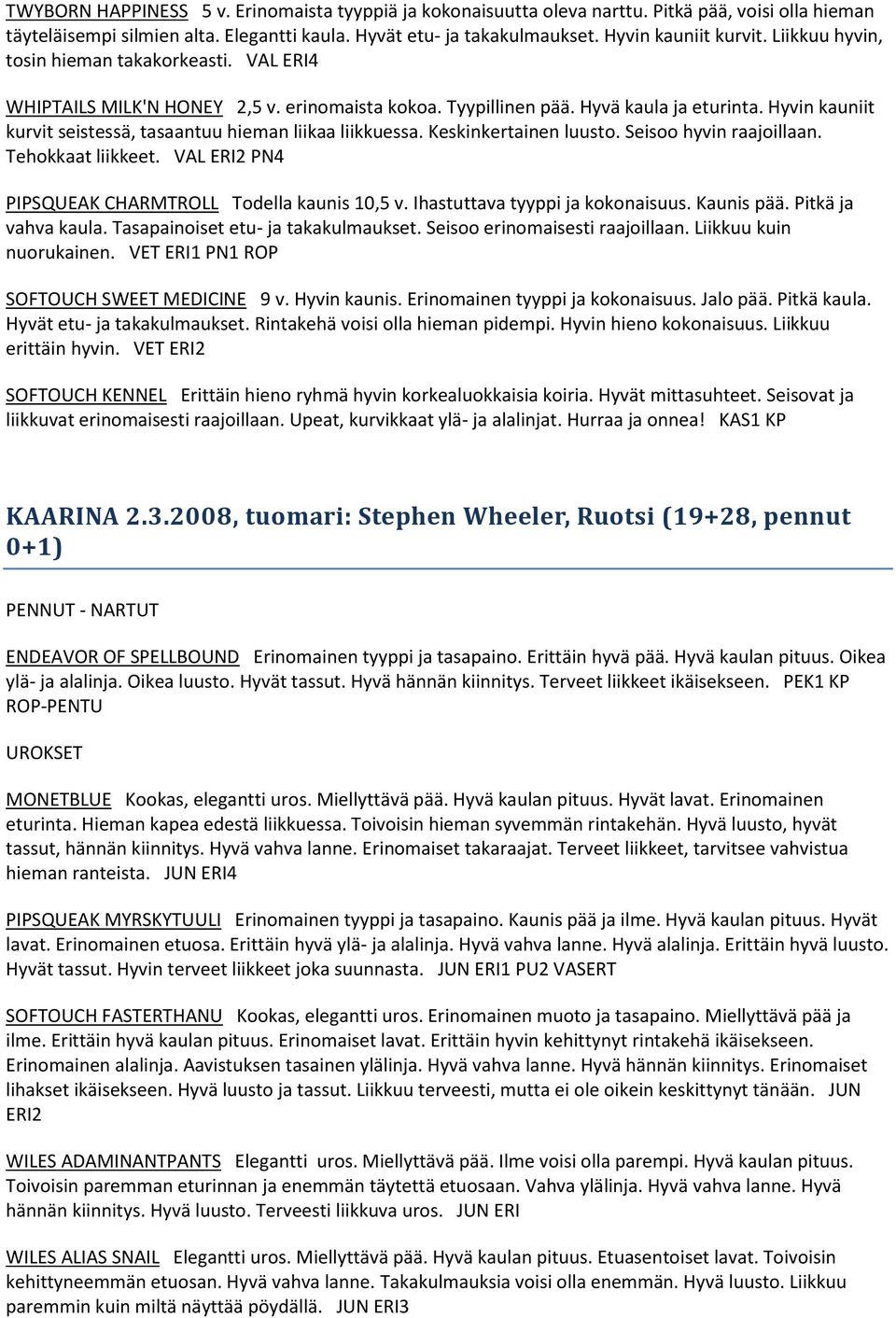 Hyvin kauniit kurvit seistessä, tasaantuu hieman liikaa liikkuessa. Keskinkertainen luusto. Seisoo hyvin raajoillaan. Tehokkaat liikkeet. VAL ERI2 PN4 PIPSQUEAK CHARMTROLL Todella kaunis 10,5 v.