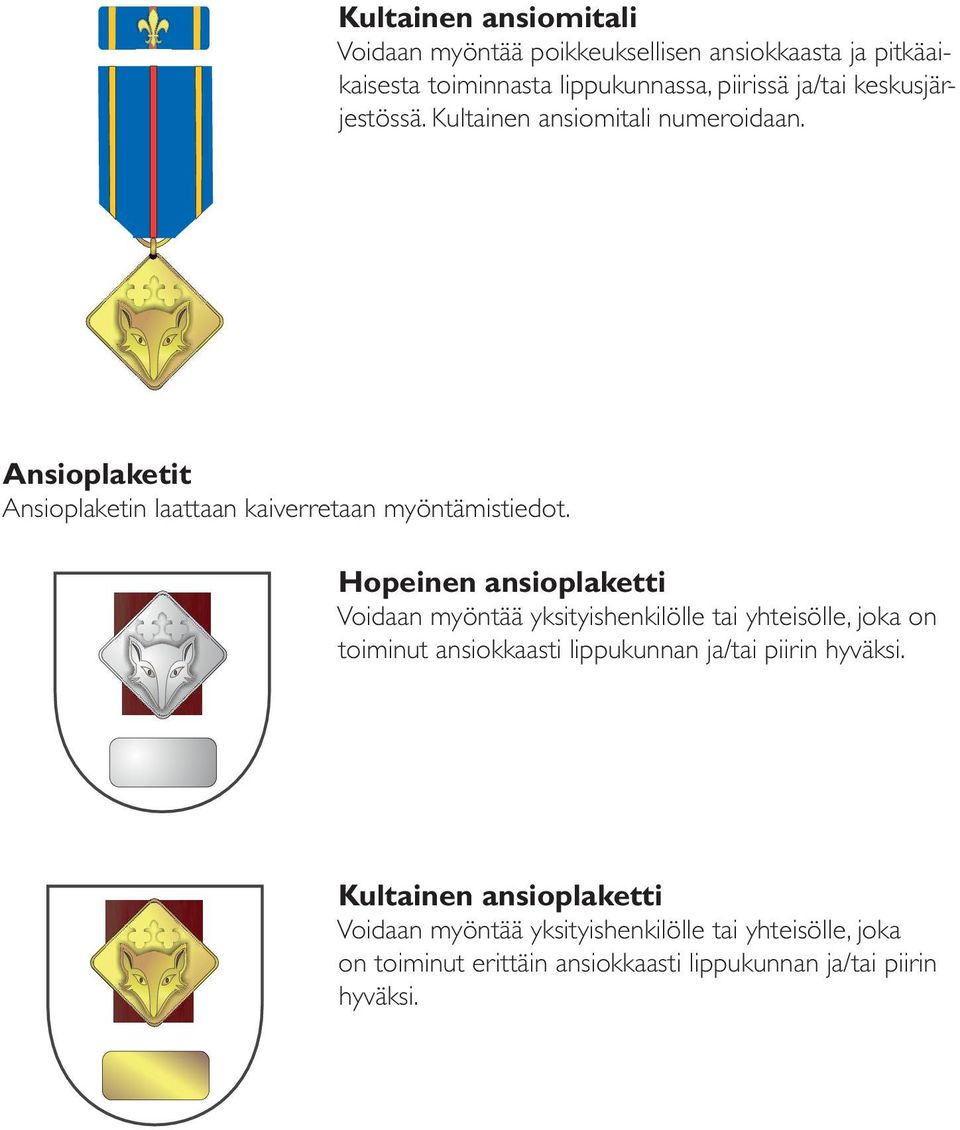 Hopeinen ansioplaketti Voidaan myöntää yksityishenkilölle tai yhteisölle, joka on toiminut ansiokkaasti lippukunnan ja/tai piirin