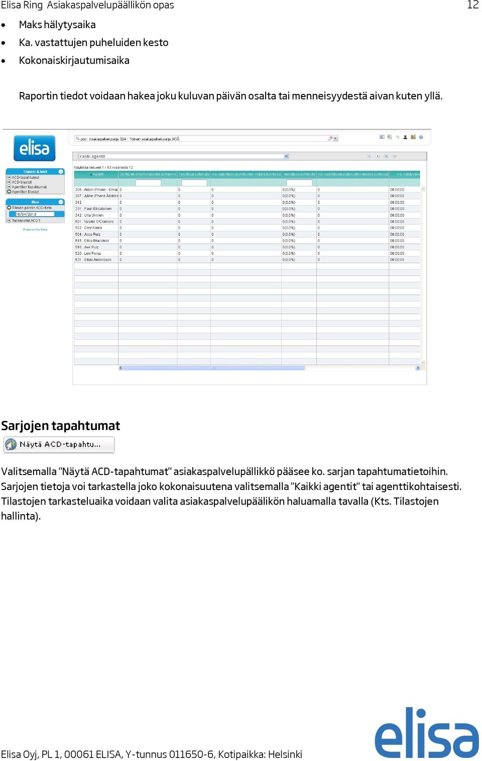 kuten yllä. Sarjojen tapahtumat Valitsemalla "Näytä ACD-tapahtumat" asiakaspalvelupällikkö pääsee ko. sarjan tapahtumatietoihin.