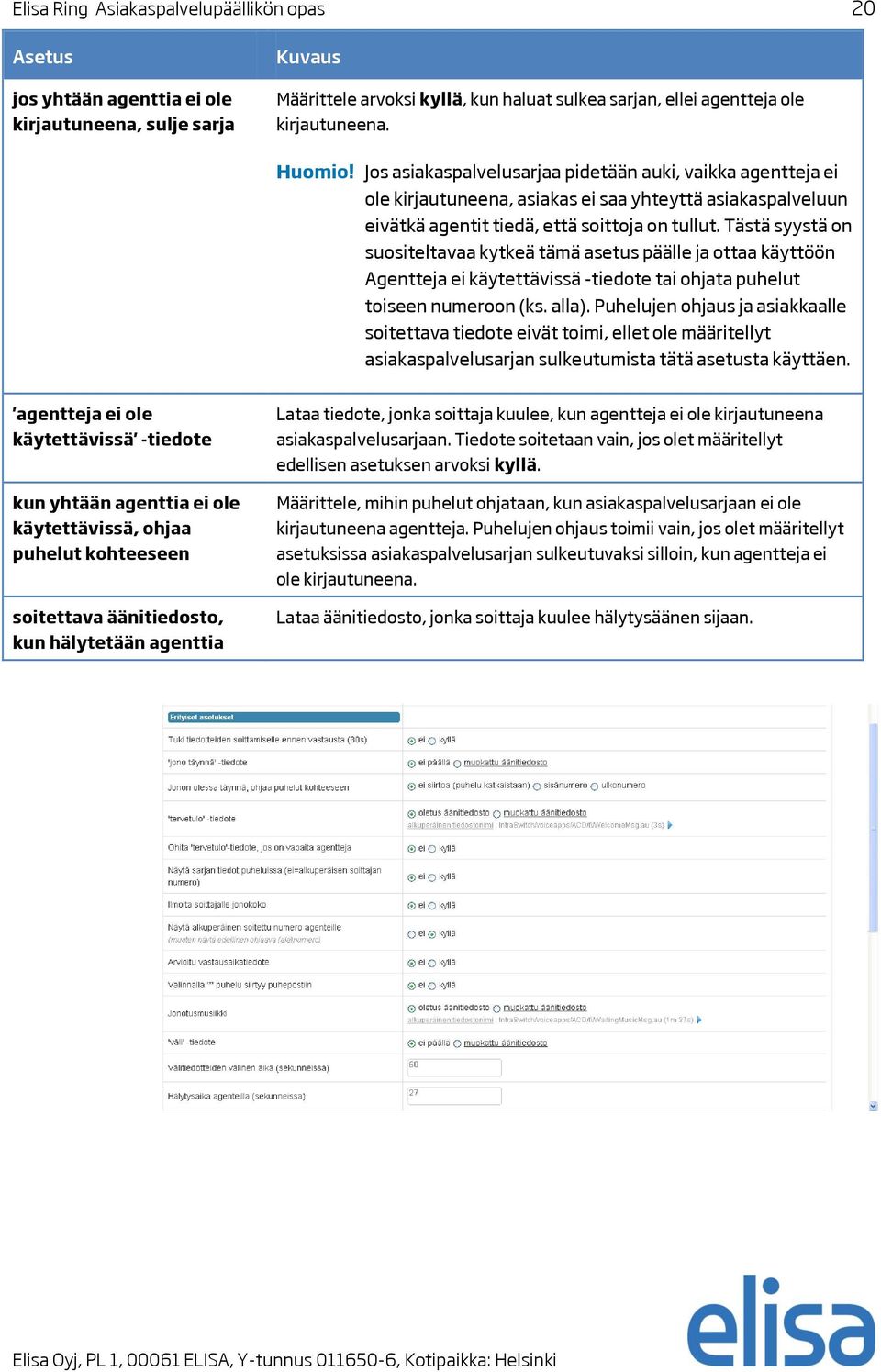 Tästä syystä on suositeltavaa kytkeä tämä asetus päälle ja ottaa käyttöön Agentteja ei käytettävissä -tiedote tai ohjata puhelut toiseen numeroon (ks. alla).