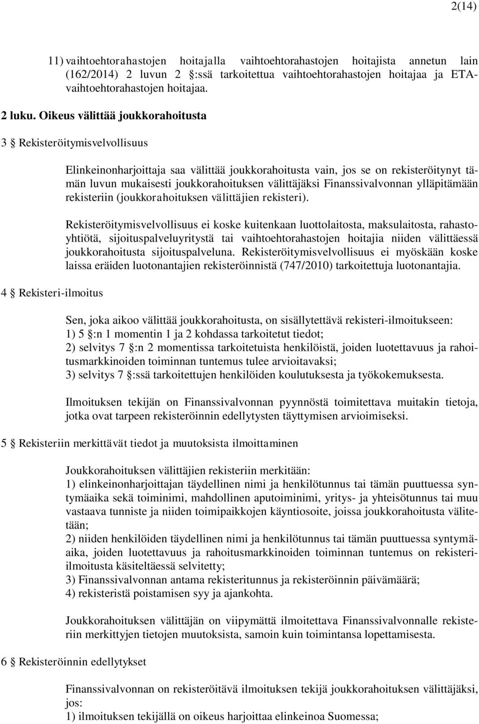 joukkorahoituksen välittäjäksi Finanssivalvonnan ylläpitämään rekisteriin (joukkorahoituksen välittäjien rekisteri).