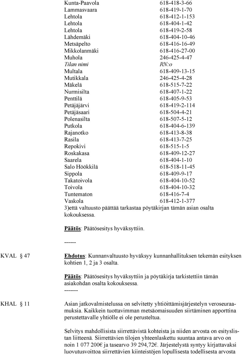 Polenasilta 618-507-5-12 Putkola 618-404-6-139 Rajanotko 618-413-8-38 Rasila 618-413-7-25 Repokivi 618-515-1-5 Roskakasa 618-409-12-27 Saarela 618-404-1-10 Salo Höökkilä 618-518-11-45 Sippola