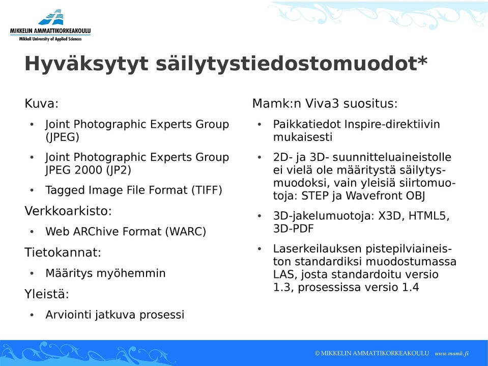 Inspire-direktiivin mukaisesti 2D- ja 3D- suunnitteluaineistolle ei vielä ole määritystä säilytysmuodoksi, vain yleisiä siirtomuotoja: STEP ja Wavefront