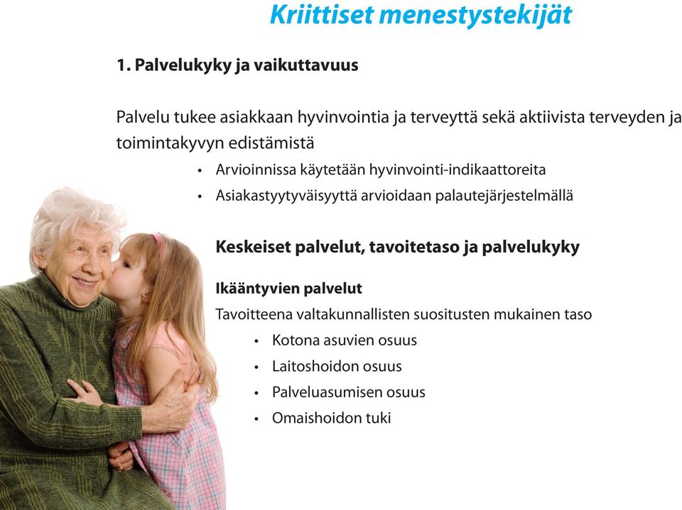 toimintakyvyn edistämistä Arvioinnissa käytetään hyvinvointi-indikaattoreita Asiakastyytyväisyyttä arvioidaan