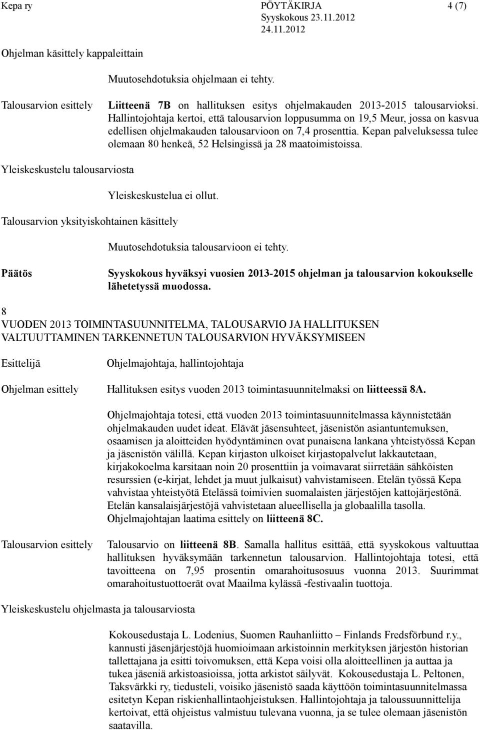 Kepan palveluksessa tulee olemaan 80 henkeä, 52 Helsingissä ja 28 maatoimistoissa. Yleiskeskustelu talousarviosta Yleiskeskustelua ei ollut.