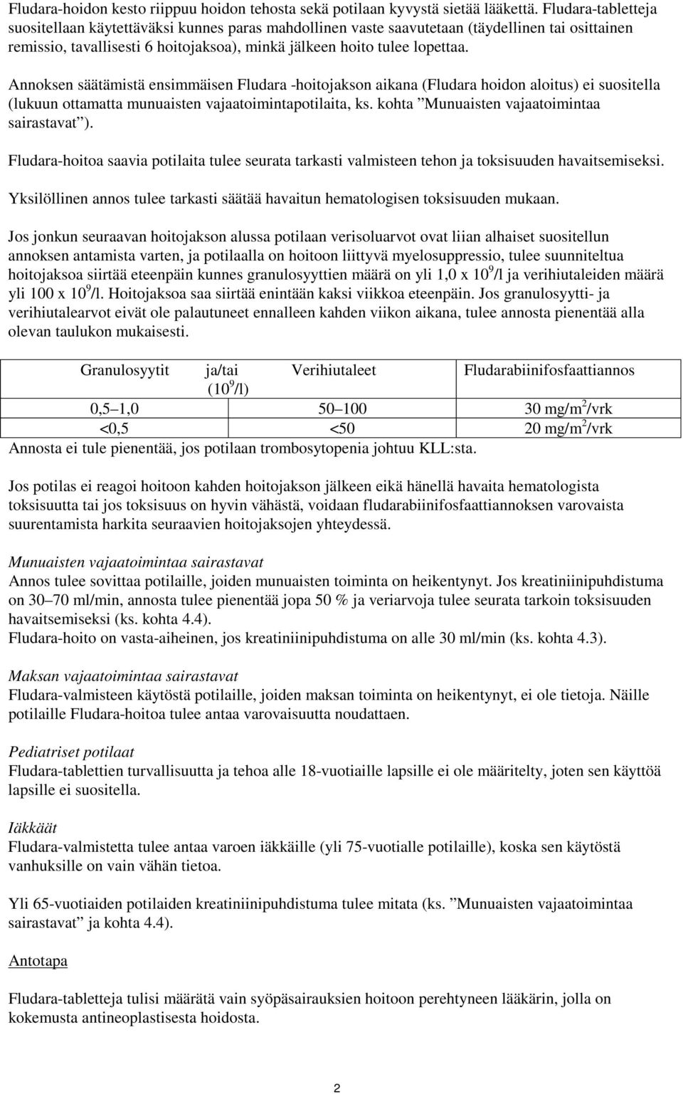 Annoksen säätämistä ensimmäisen Fludara -hoitojakson aikana (Fludara hoidon aloitus) ei suositella (lukuun ottamatta munuaisten vajaatoimintapotilaita, ks.