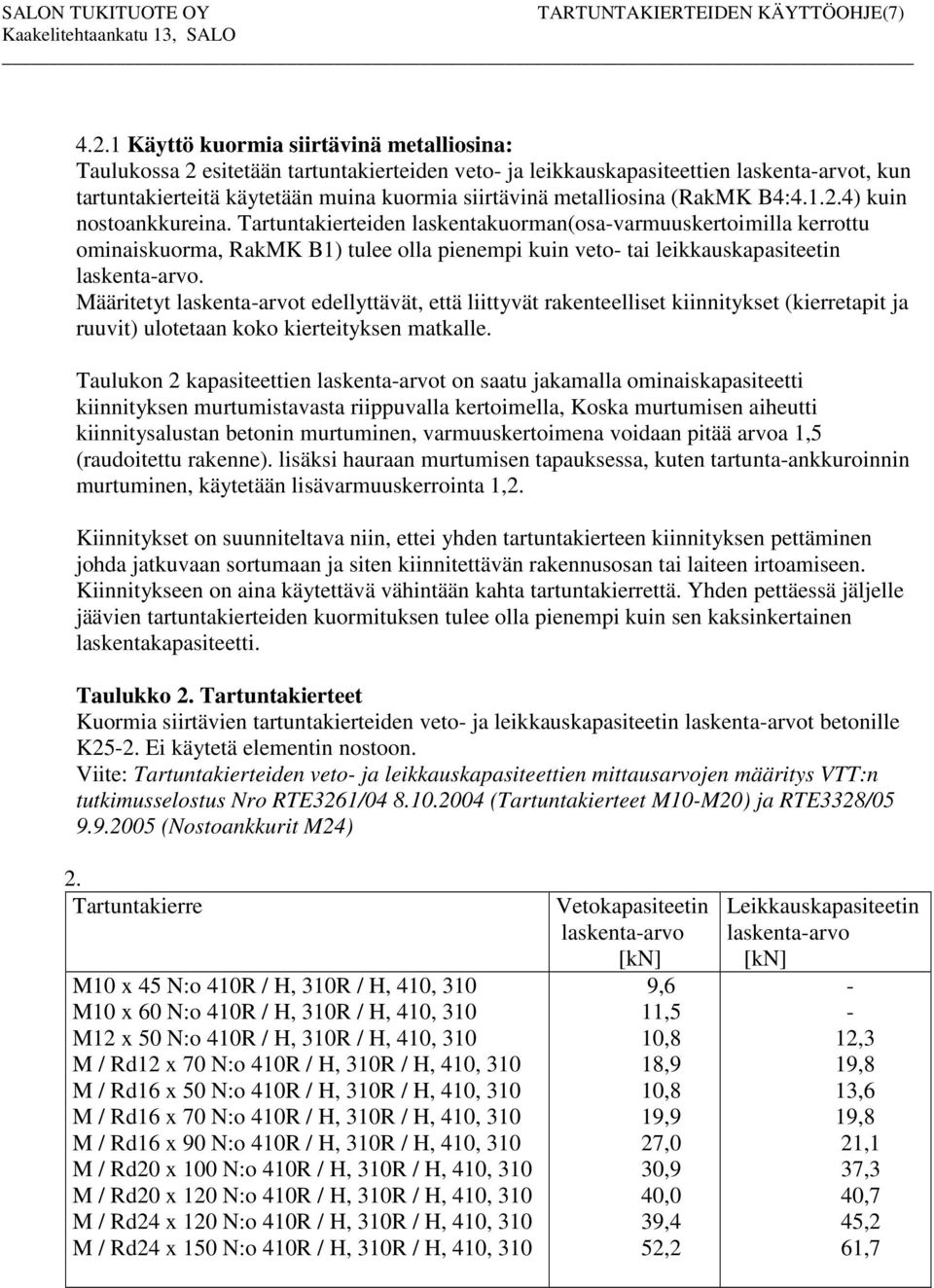 metalliosina (RakMK B:.1.2.) kuin nostoankkureina.