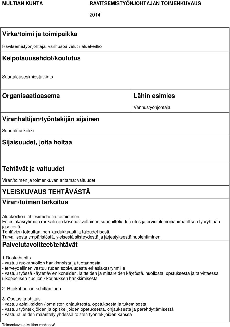 YLEISKUVAUS TEHTÄVÄSTÄ Viran/toimen tarkoitus Aluekeittiön lähiesimiehenä toimiminen.