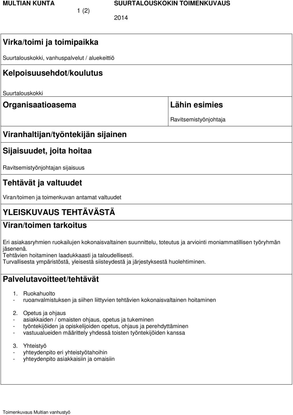 TEHTÄVÄSTÄ Viran/toimen tarkoitus Eri asiakasryhmien ruokailujen kokonaisvaltainen suunnittelu, toteutus ja arviointi moniammatillisen työryhmän jäsenenä.