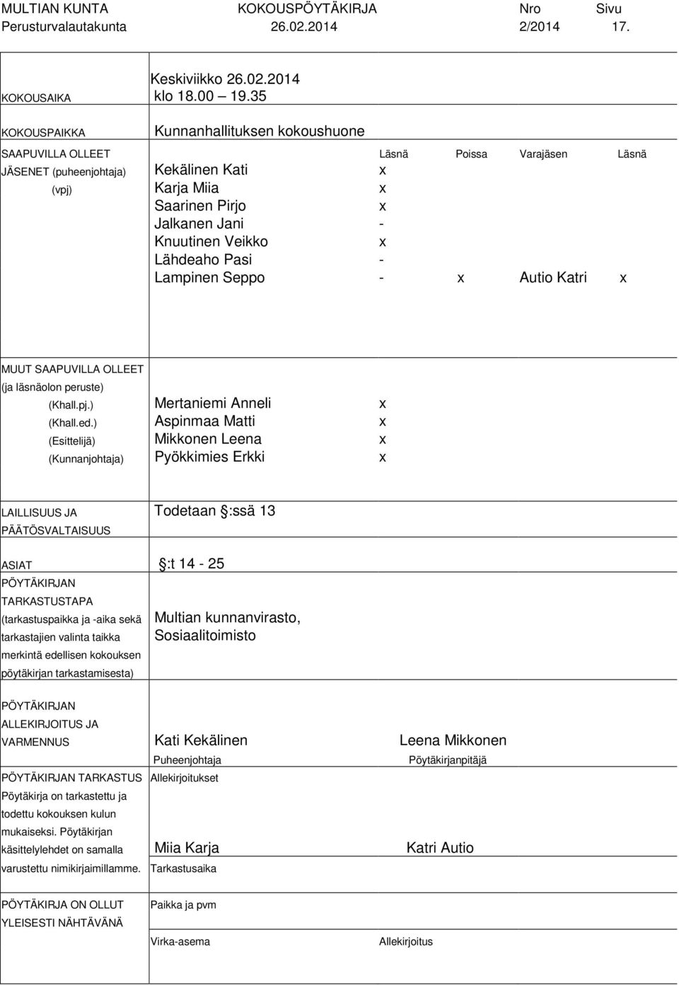 Veikko x Lähdeaho Pasi - Lampinen Seppo - x Autio Katri x MUUT SAAPUVILLA OLLEET (ja läsnäolon peruste) (Khall.pj.) Mertaniemi Anneli x (Khall.ed.