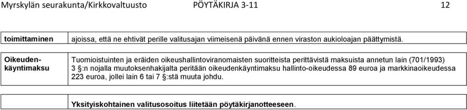 Tuomioistuinten ja eräiden oikeushallintoviranomaisten suoritteista perittävistä maksuista annetun lain (701/1993) 3 :n nojalla