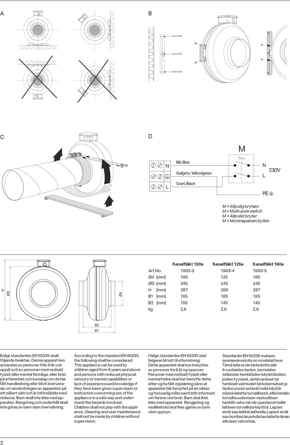 1903-3 1903-4 1903-5 Ød [mm] 100 125 160 ØD [mm] 245 245 245 H [mm] 287 286 287 B1 [mm] 195 185 195 B2 [mm] 155 145 145 kg 2,6 2,6 2,6 B2 B1 Enligt standarden EN 60335 skall följande beaktas.