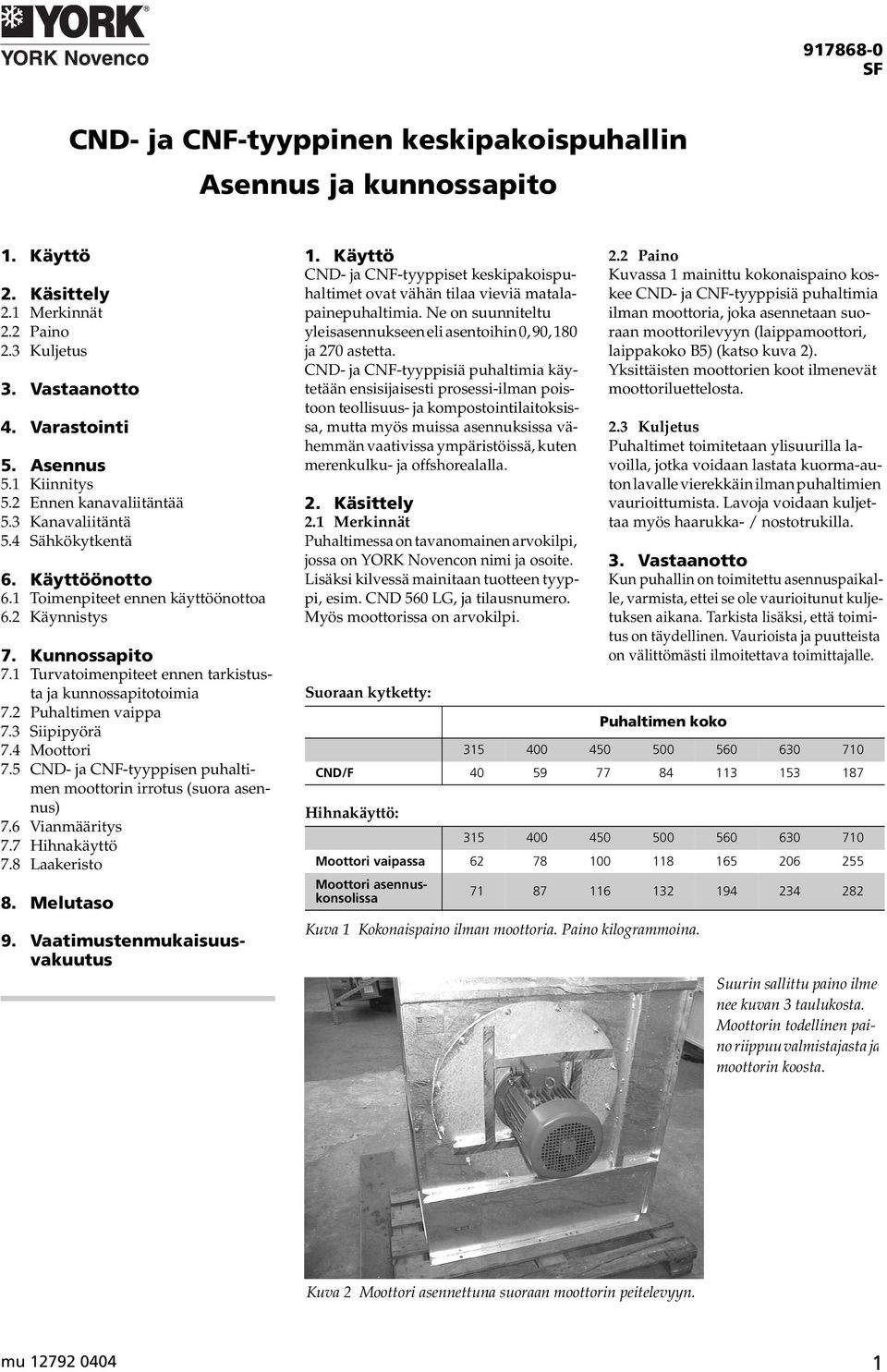 1 Turvatoimenpiteet ennen tarkistusta ja kunnossapitotoimia 7.2 vaippa 7.3 Siipipyörä 7.4 Moottori 7.5 CND- ja CNF-tyyppisen puhaltimen moottorin irrotus (suora asennus) 7.6 Vianmääritys 7.