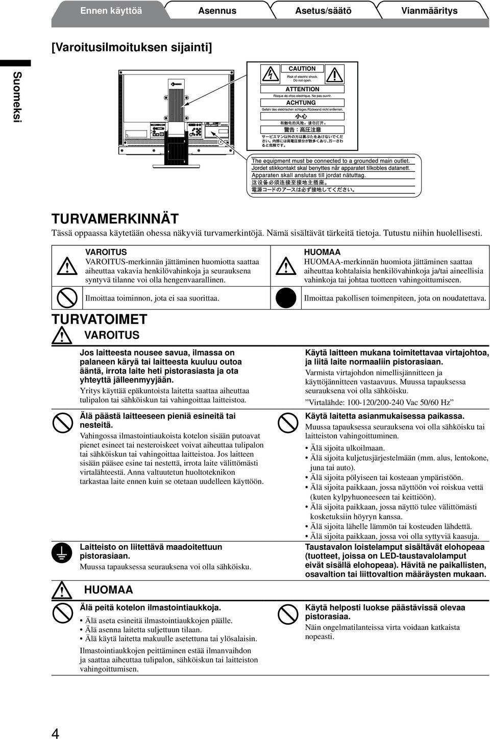 TURVATOIMET VAROITUS Jos laitteesta nousee savua, ilmassa on palaneen käryä tai laitteesta kuuluu outoa ääntä, irrota laite heti pistorasiasta ja ota yhteyttä jälleenmyyjään.