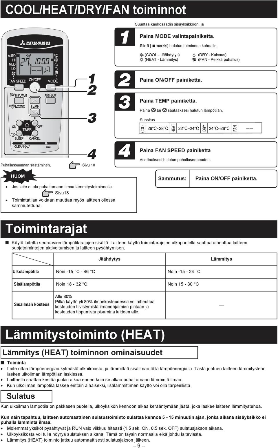 Sivu 10 4 Paina FAN SPEED painiktta Asttaakssi halutun puhallusnopudn. Jos lait i ala puhaltamaan ilmaa lämmitystoiminnolla. Sivu18 Toimintatilaa voidaan muuttaa myös laittn ollssa sammutttuna.