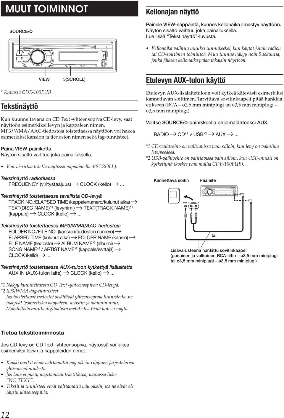 VIEW 3(SCROLL) Etulevyn AUX-tulon käyttö * Kuvassa CDE-100EUB Tekstinäyttö Kun kuunneltavana on CD Text -yhteensopiva CD-levy, saat näyttöön esimerkiksi levyn ja kappaleen nimen.