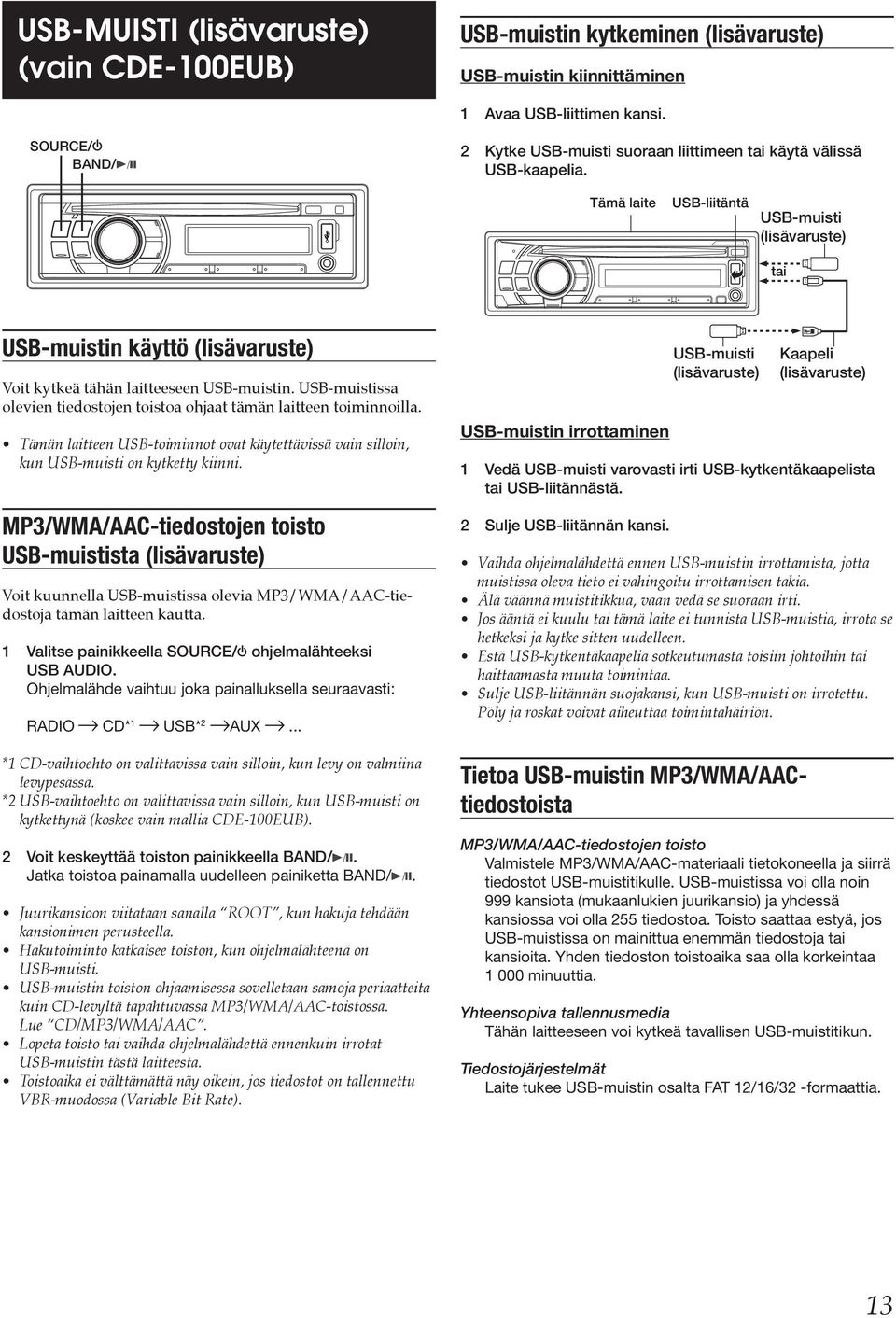 Tämä This unit laite USB-liitäntä Connection Terminal USB-muisti Memory (sold separately) (lisävaruste) tai or USB-muistin käyttö (lisävaruste) Voit kytkeä tähän laitteeseen USB-muistin.