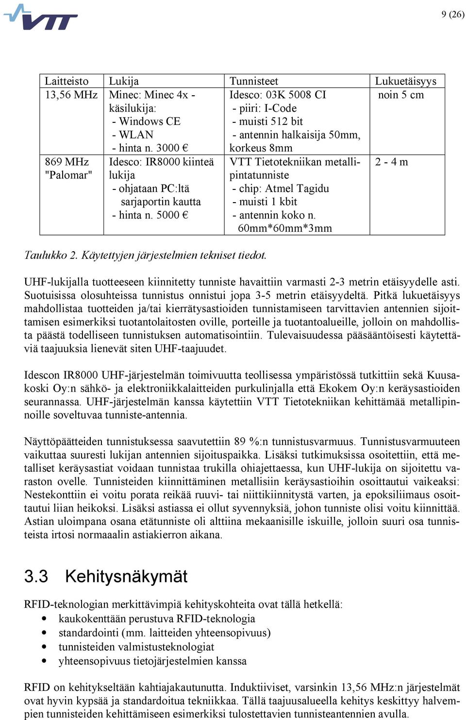 5000 Taulukko 2. Käytettyjen järjestelmien tekniset tiedot. VTT Tietotekniikan metallipintatunniste chip: Atmel Tagidu muisti 1 kbit antennin koko n.