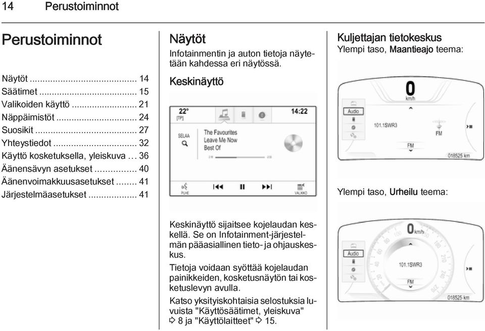 Keskinäyttö Kuljettajan tietokeskus Ylempi taso, Maantieajo teema: Ylempi taso, Urheilu teema: Keskinäyttö sijaitsee kojelaudan keskellä.