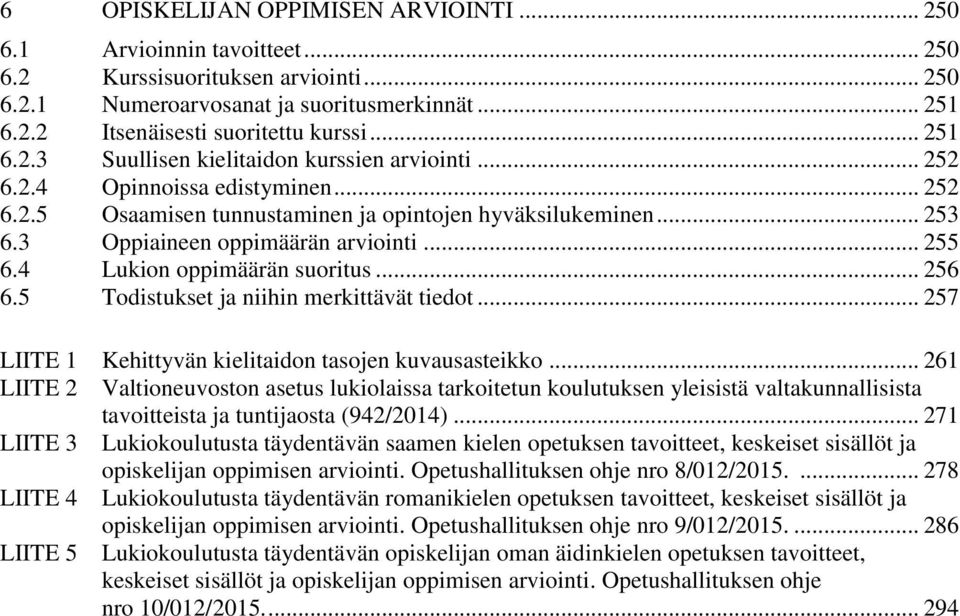 .. 255 6.4 Lukion oppimäärän suoritus... 256 6.5 Todistukset ja niihin merkittävät tiedot... 257 LIITE 1 Kehittyvän kielitaidon tasojen kuvausasteikko.