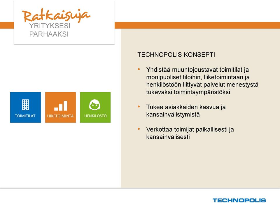 menestystä tukevaksi toimintaympäristöksi TOIMITILAT LIIKETOIMINTA HENKILÖSTÖ Tukee