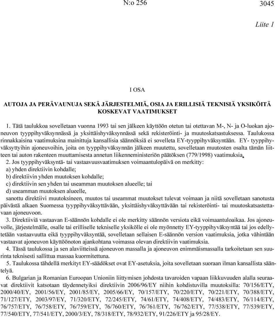 muutoskatsastuksessa. Taulukossa rinnakkaisina vaatimuksina mainittuja kansallisia säännöksiä ei sovelleta EY-tyyppihyväksyntään.
