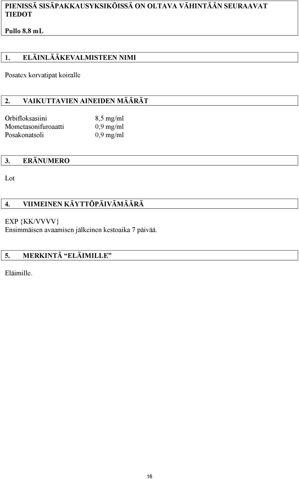 VAIKUTTAVIEN AINEIDEN MÄÄRÄT Orbifloksasiini Mometasonifuroaatti Posakonatsoli 8,5 mg/ml 3.