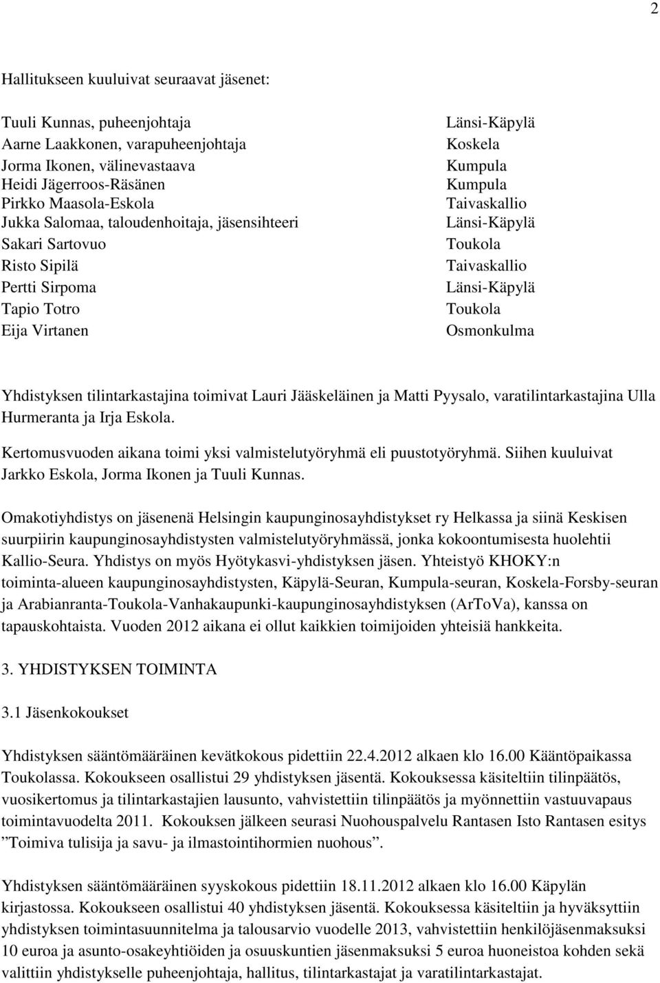 tilintarkastajina toimivat Lauri Jääskeläinen ja Matti Pyysalo, varatilintarkastajina Ulla Hurmeranta ja Irja Eskola. Kertomusvuoden aikana toimi yksi valmistelutyöryhmä eli puustotyöryhmä.