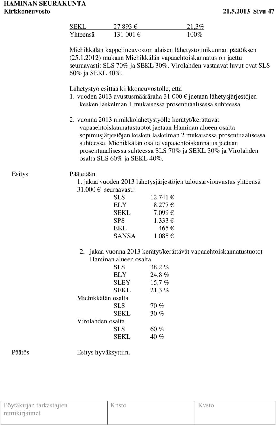 vuoden 2013 avustusmääräraha 31 000 jaetaan lähetysjärjestöjen kesken laskelman 1 mukaisessa prosentuaalisessa suhteessa 2.