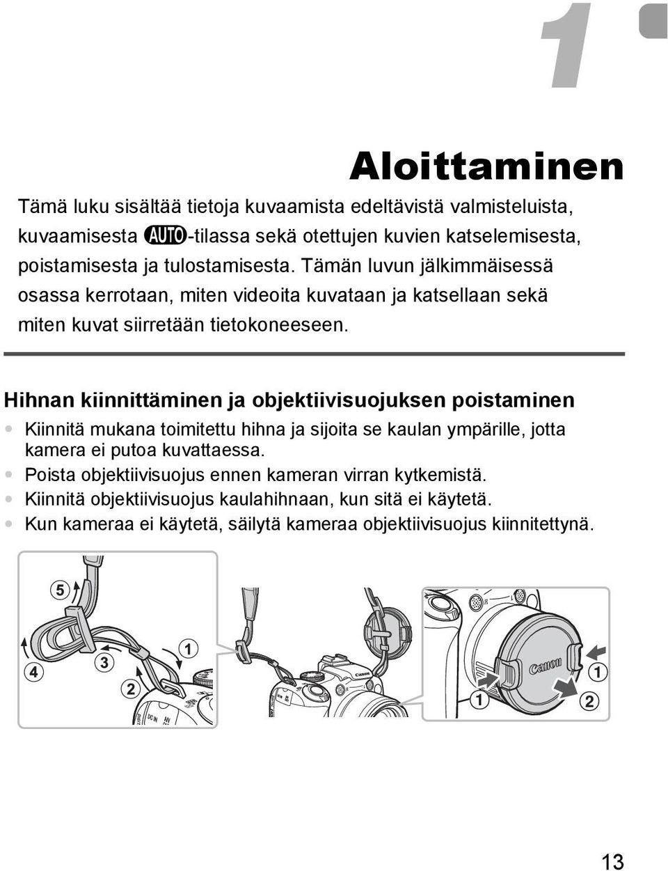 Hihnan kiinnittäminen ja objektiivisuojuksen poistaminen Kiinnitä mukana toimitettu hihna ja sijoita se kaulan ympärille, jotta kamera ei putoa kuvattaessa.