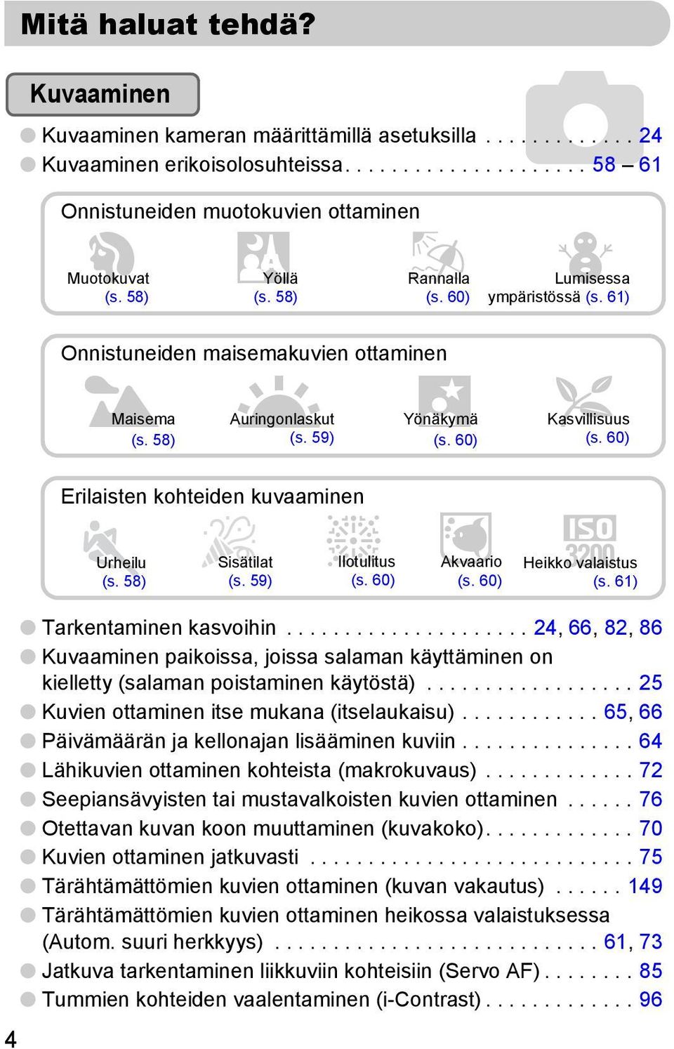 60) Erilaisten kohteiden kuvaaminen Sisätilat t Urheilu Ilotulitus (s. 58) (s. 59) (s. 60) y Akvaario (s. 60) Z Heikko valaistus (s. 61) 4 Tarkentaminen kasvoihin.